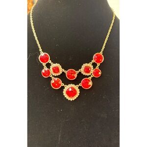 Maurices Red Crystal Gold Tone Bib Statement Necklace Pave Accents Adjustable